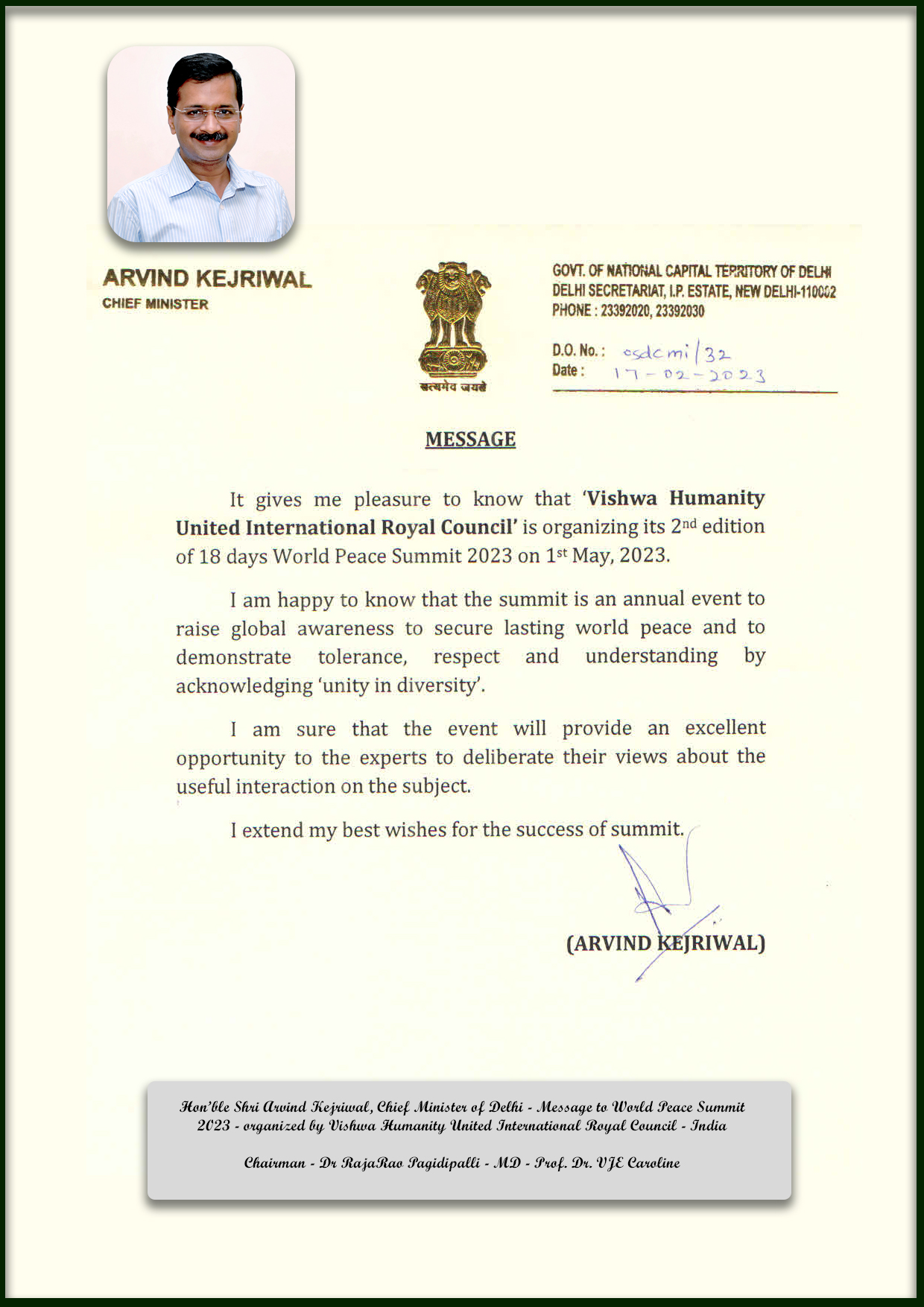 Delhi CM letter iwth photo